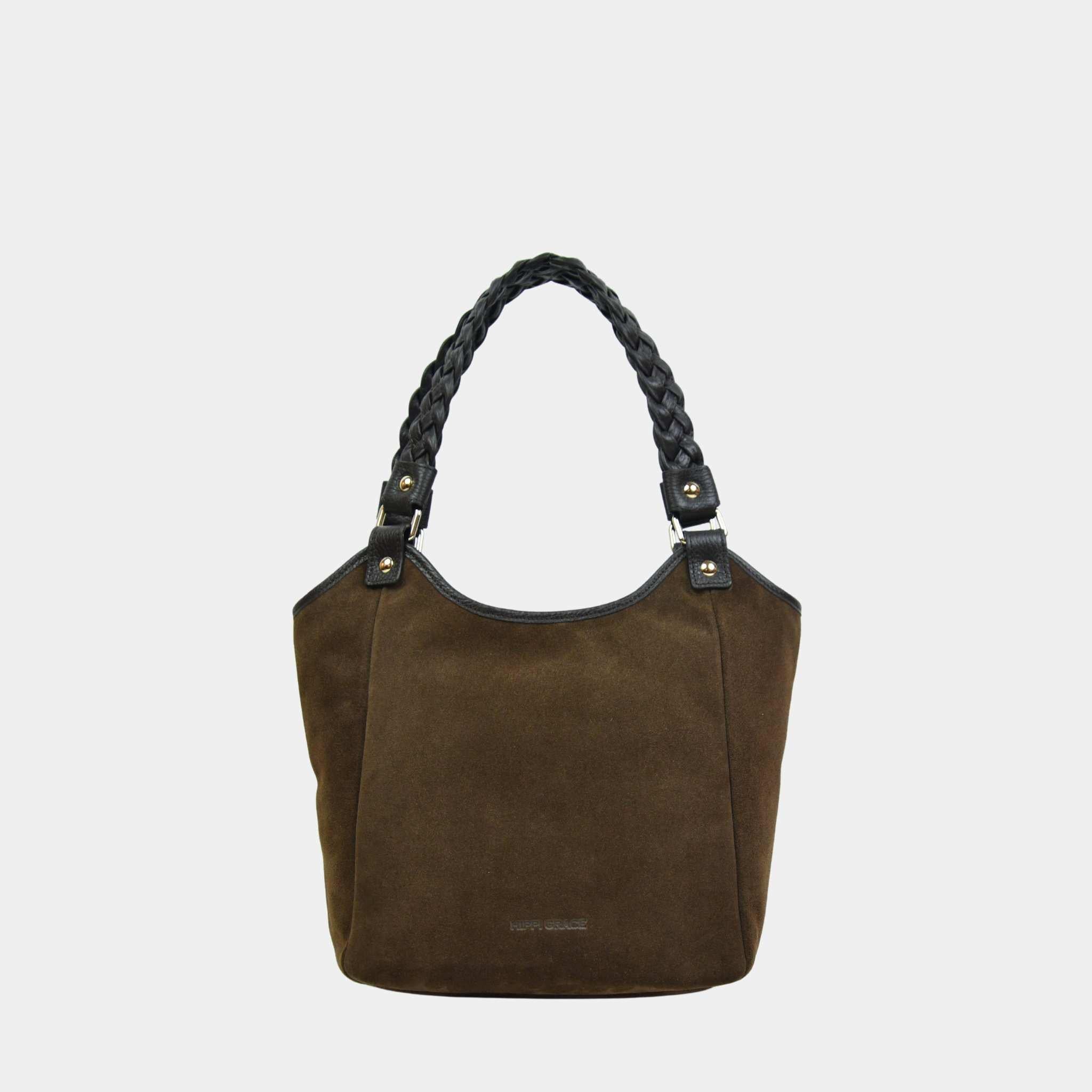 Bergen Midi semsket sjokoladebrun skulderveske med gullfargede detaljer og glidelås – vesken sett forfra