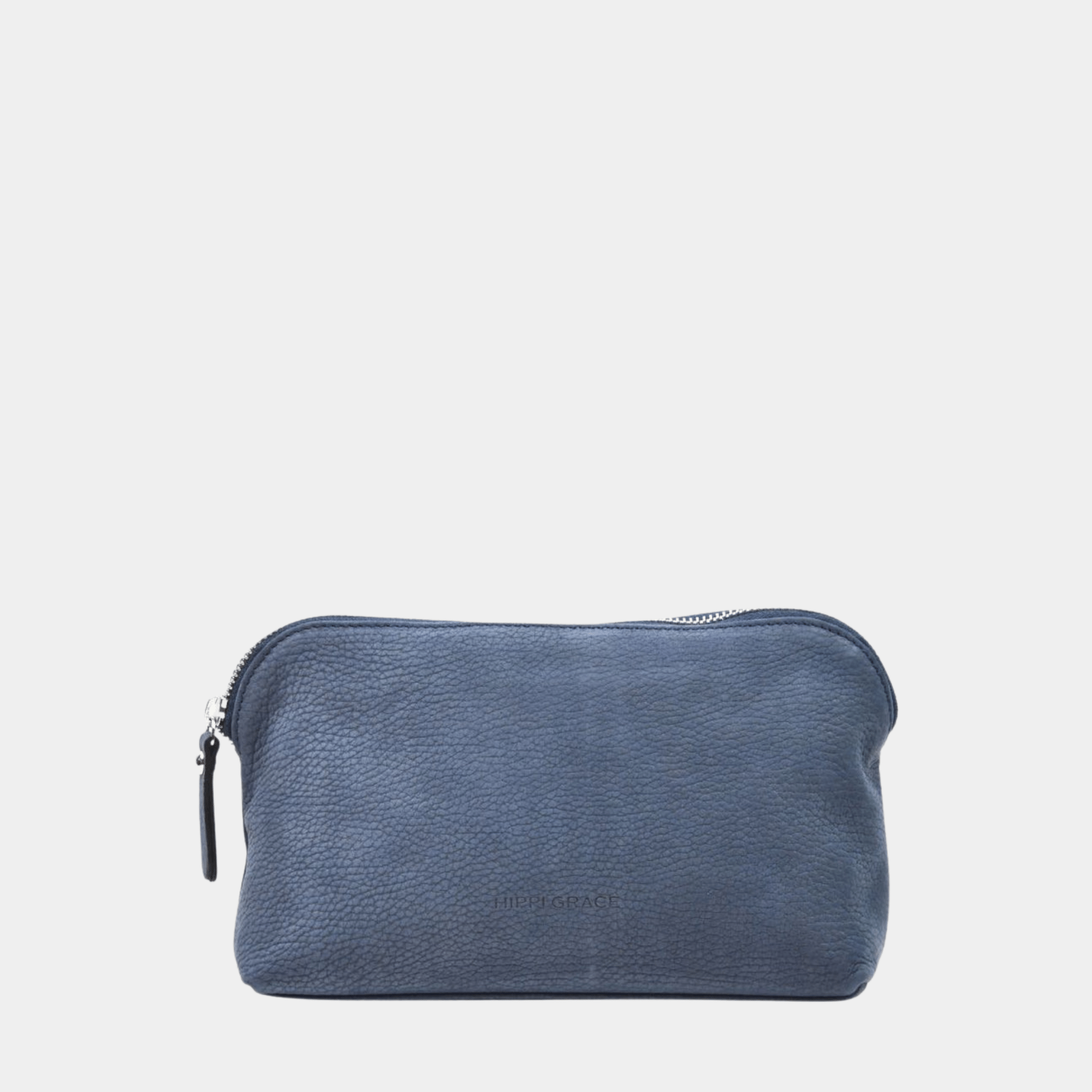 Kosmetikk bag, Nobuck Ku-skinn, glidelås-lukning. Hippi grace Kosmetikkbag i Nobuck Jeansblå i ekte skinn. Norsk Design.