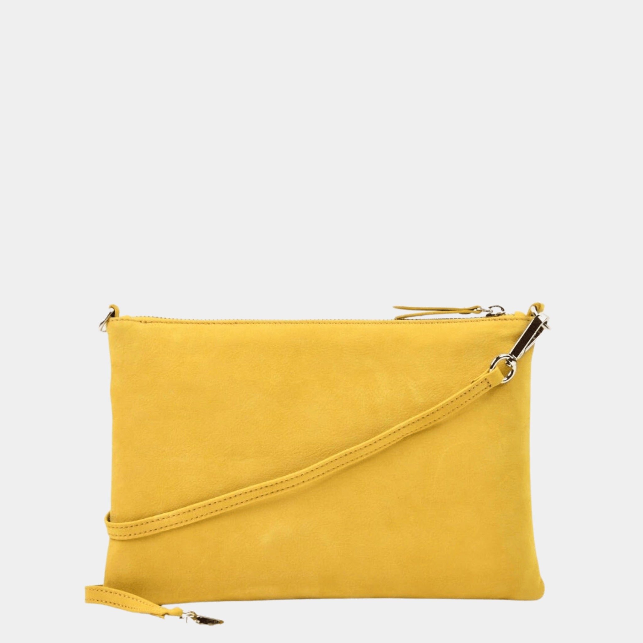 Liten veske i Nobuck Ku-skinn med glidelås-lukning, lang skulderstropp og håndleddsstropp. Veske dame. Liten veske til dame i ekte skinn. Clutch til dame. 3IN1 fra Hippi Grace i fargen Nobuck Gul. skinn veske. Veske dame. Liten Veske. [wv]