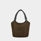 Bergen Midi semsket sjokoladebrun skulderveske med gullfargede detaljer og glidelås – vesken sett forfra