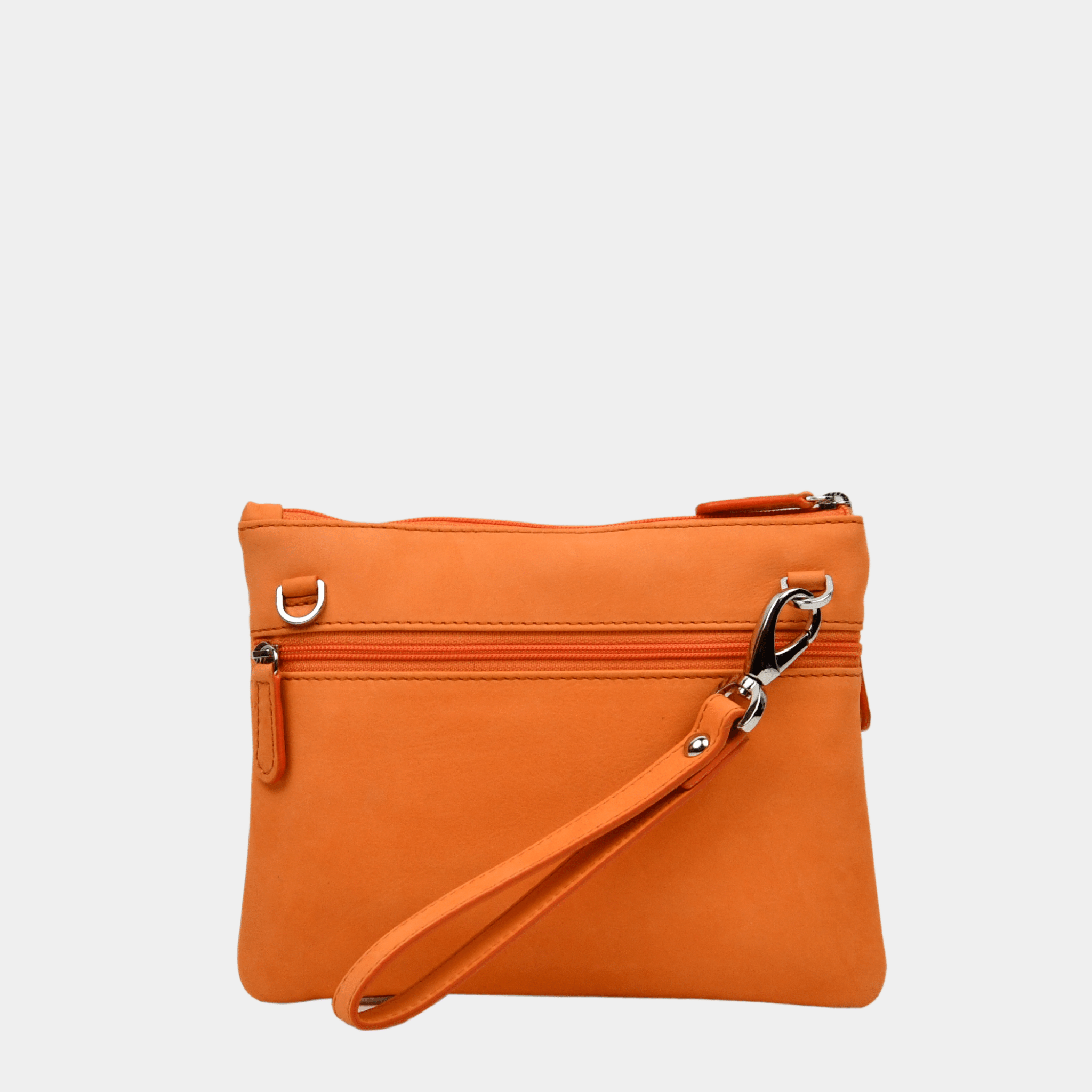 Hippi Grace Cadizfornia er en Liten veske  til dame i ekte skinn, crossbody skulderstropp, håndeddstropp,utvendig glidelås-lomme foran og bak, glidelås lukking, sølvdetaljer. Hippi Grace Cadizfornia i fargen nobuck orange med sølv detaljer. Oransj veske. Oransje Veske. Veske Dame. Norsk Design. Liten Crossbody veske dame. Vesken har et praktisk interiør og har glidelås lukking i topp. Bilde av vesken bakfra med håndledd stropp. [wv]