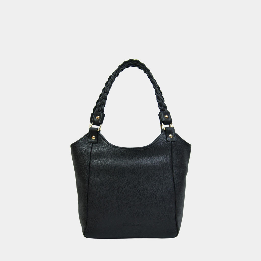 Bergen Midi grain klassisk sort skulderveske med gullfargede metalldetaljer – sett forfra