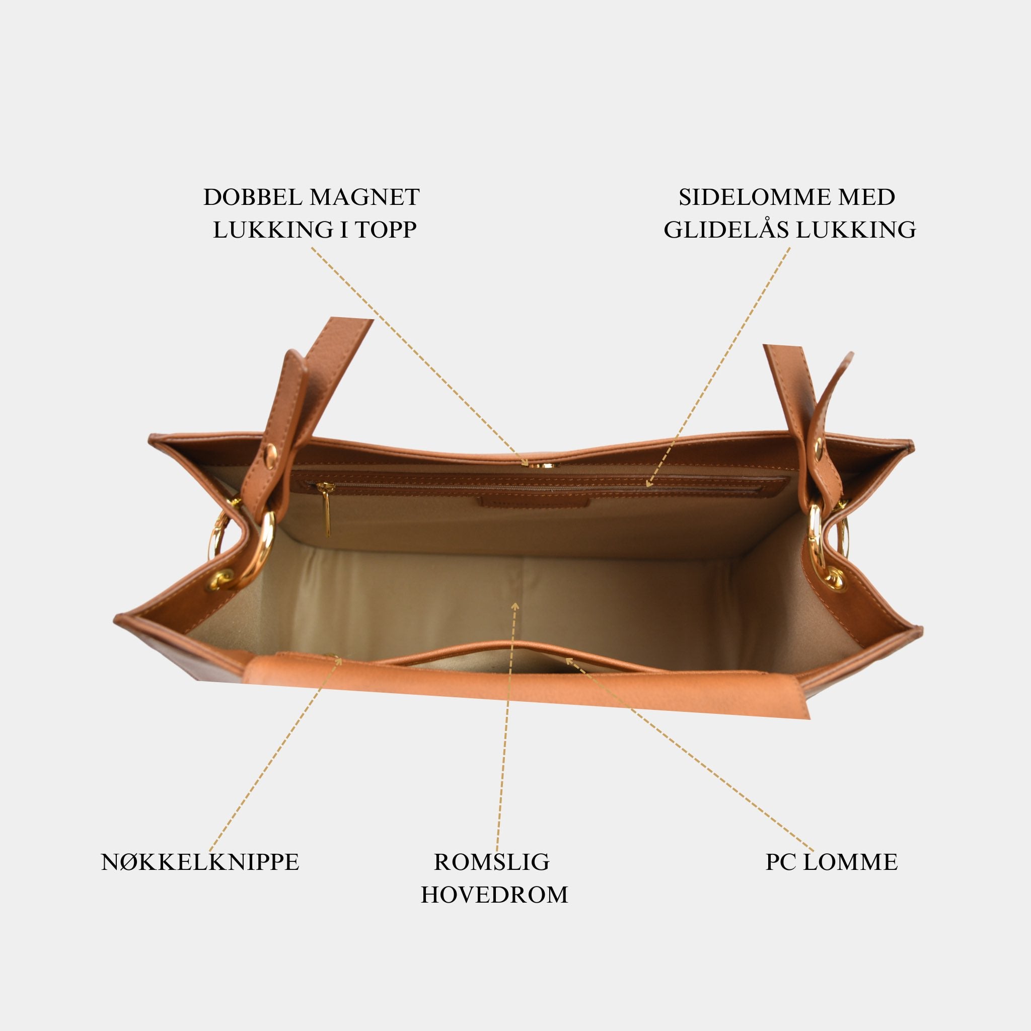 Stor Skulderveske til dame i ekte skinn. Lysebrun jobbveske. Lysebrun Skinnveske. Brun veske dame. Hverdagsveske i ekte skinn. Skoleveske i ekte skinn. Hippi Grace. Norsk design. Hippi Grace Poggio i fargen Bohem Luxe Tan. Veske dame brun. Skinn Veske Dame. Skulder Veske dame. Stor veske. Vesken kommer med en avtagbar skulderstropp. ekte skinn. Miljøvennlig. Bærekraftig mote. Interiøret til vesken. [wv]