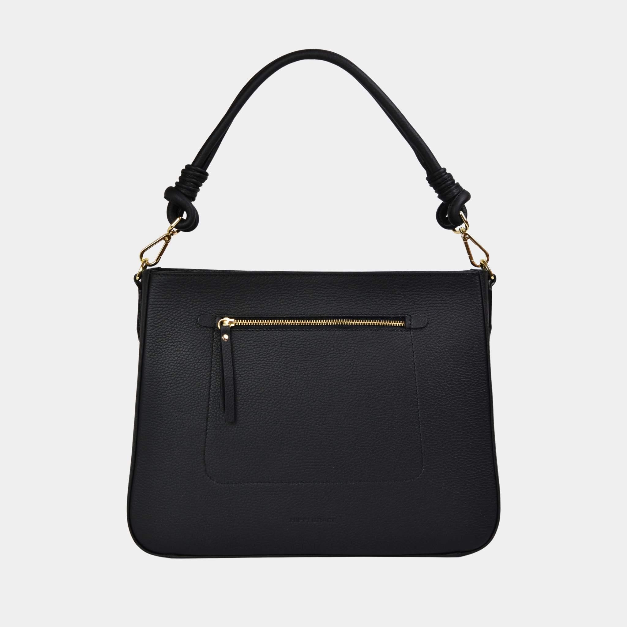 Hampton vesken sett forfra, kort og lang skulderstropp inkludert. En praktisk og minimalistisk veske til jobb og hverdag. Smart inndelingslomme i midten med diverse interiørlommer inni,.