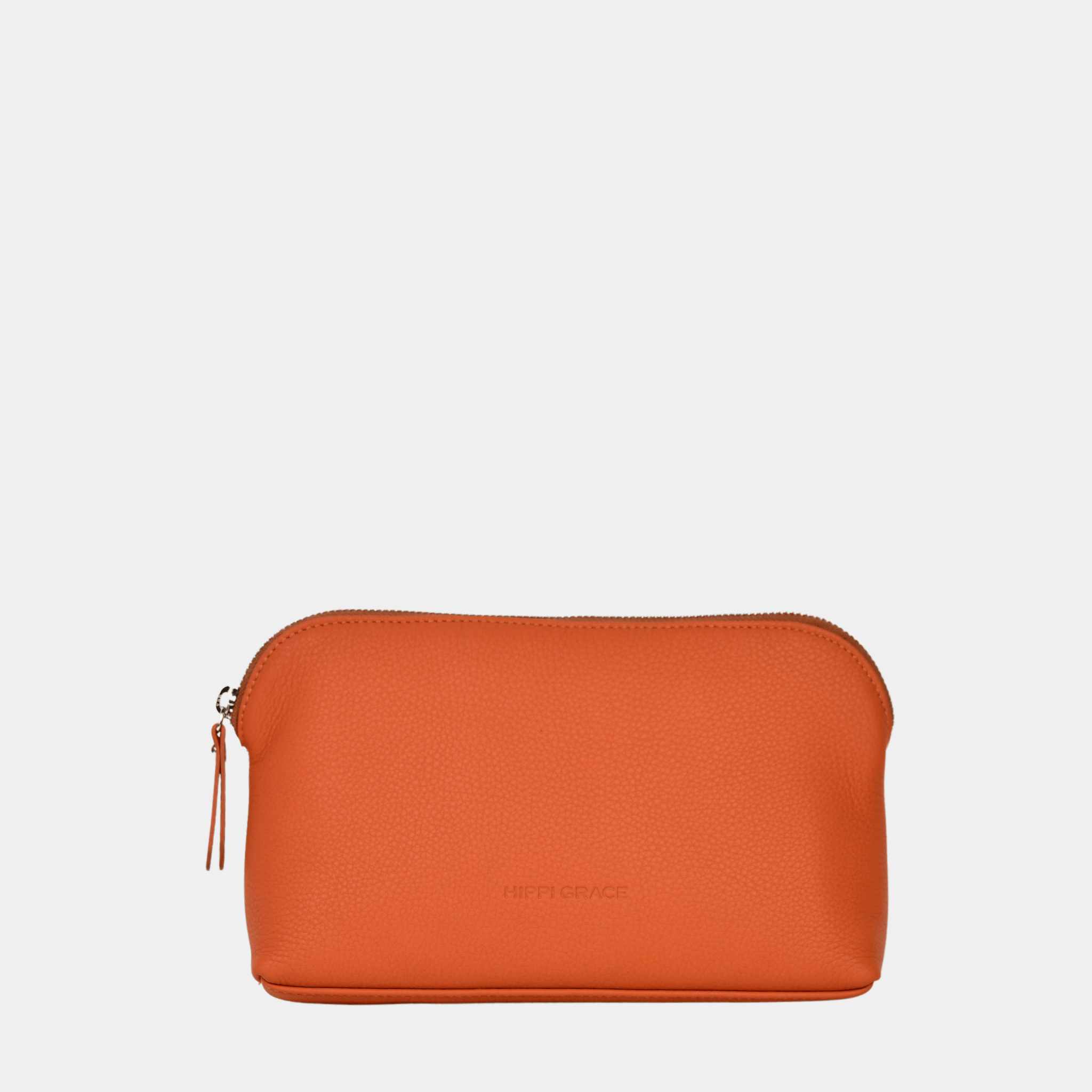 Kosmetikk bag, Klassisk Ku-skinn, glidelås-lukning. Hippi grace Kosmetikkbag i superior orange i ekte skinn. Norsk Design.