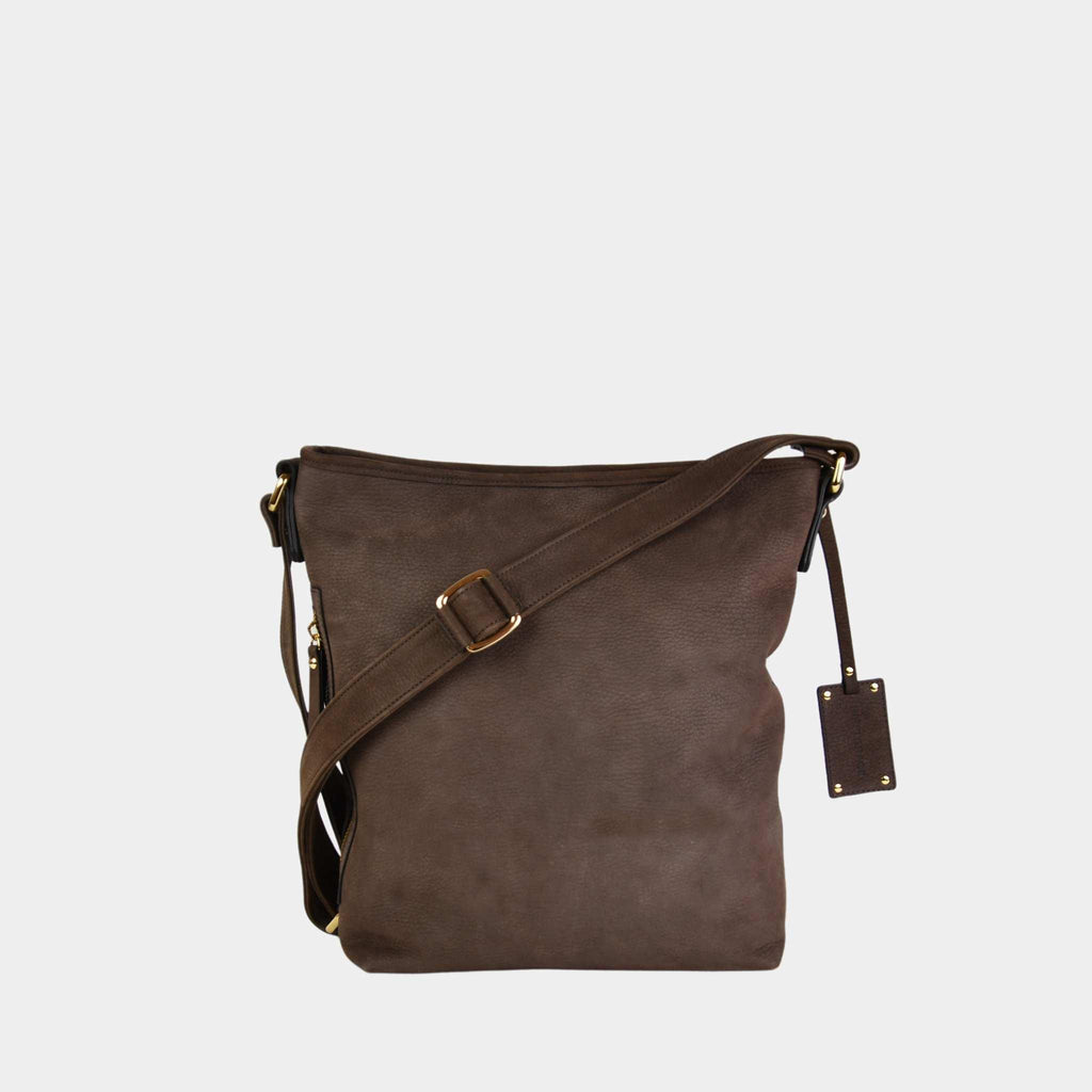 Crossbody veske, Nobuck Ku-skinn, regulerbar skulderstropp, glidelås-lukning, gulldetaljer. 