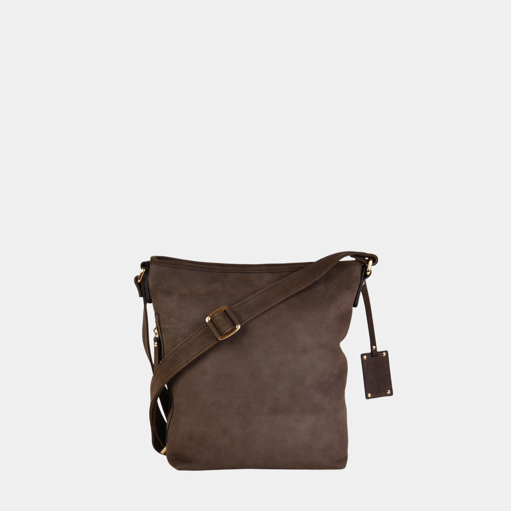 Crossbody veske, Nobuck Ku-skinn, regulerbar skulderstropp, glidelås-lukning, gulldetaljer. 