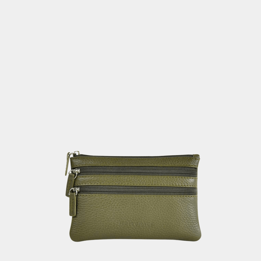 Lommebok, Ku-skinn to glidelås-lommer på framsiden, glidelås-lukning. 